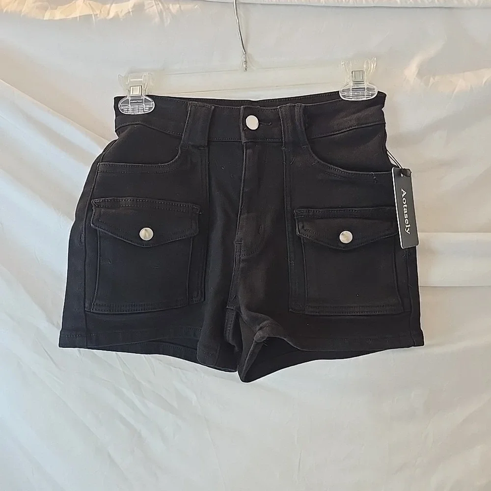 Aotasely Stretch‎ Jean Shorts Mid Waisted Juniors XS Black Denim NWT Festival